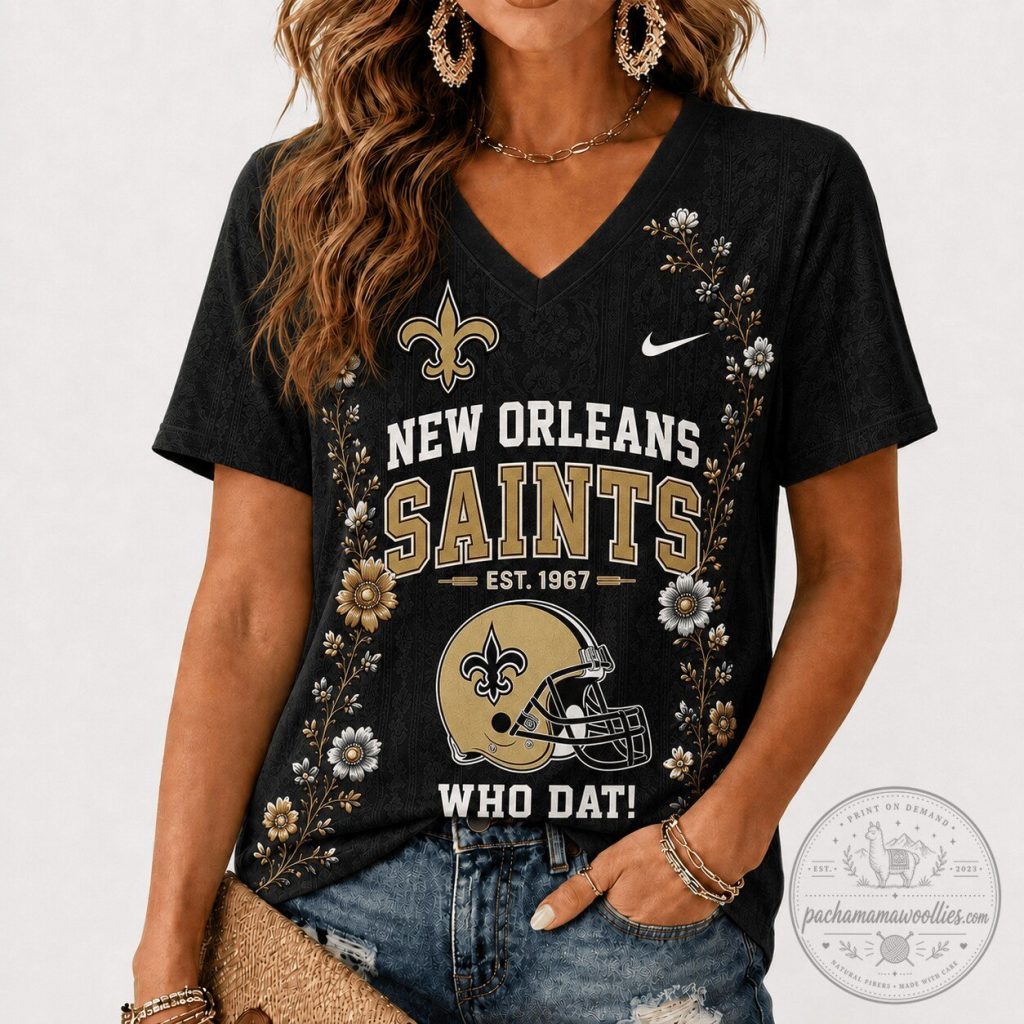 New Orleans Saints Football Team Floral V-Neck T-Shirt for Women New Orleans Saints Football Team Floral V-Neck T-Shirt for Women