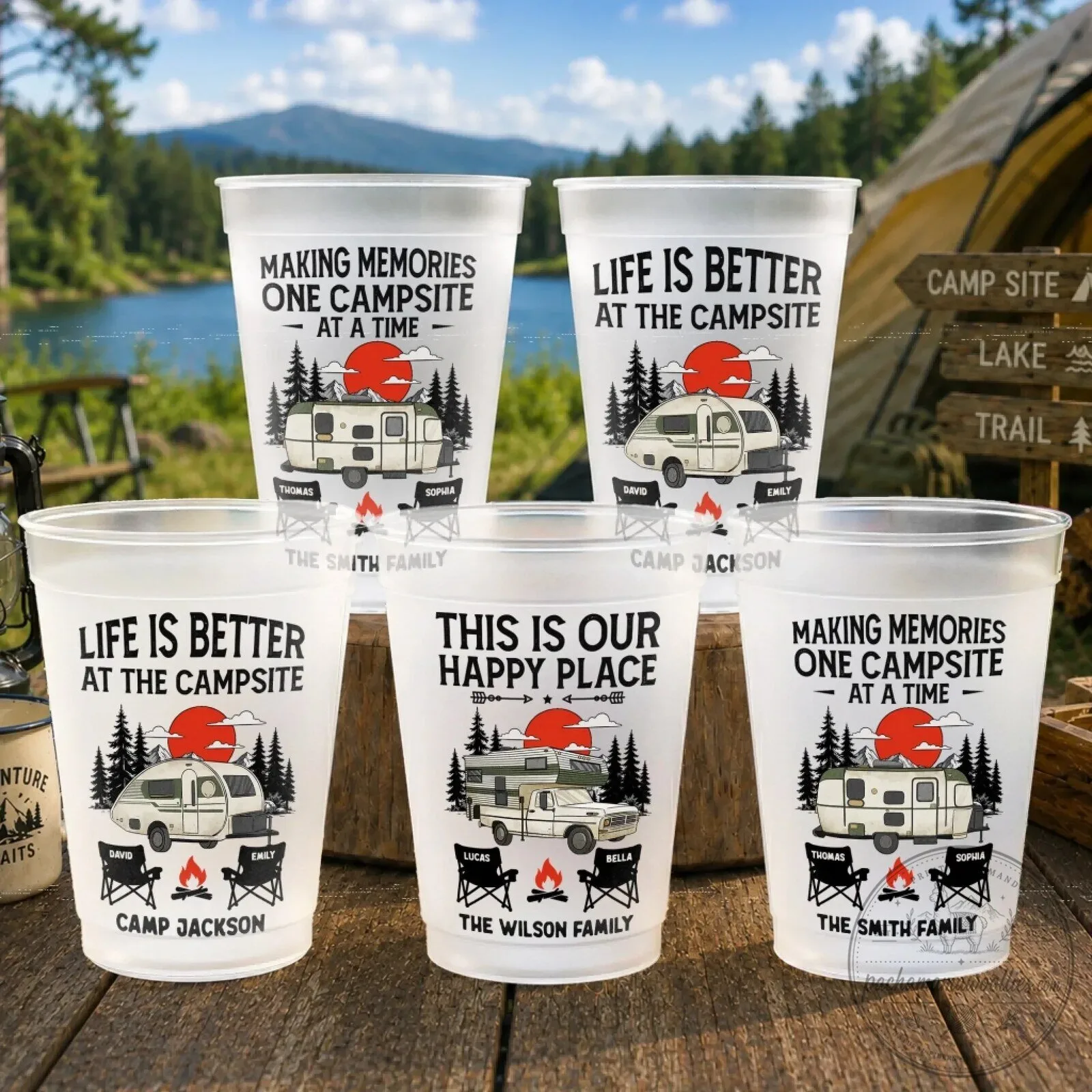 Personalized Camping Party Cups - Camp More Worry Less Frosted Drinking Tumblers