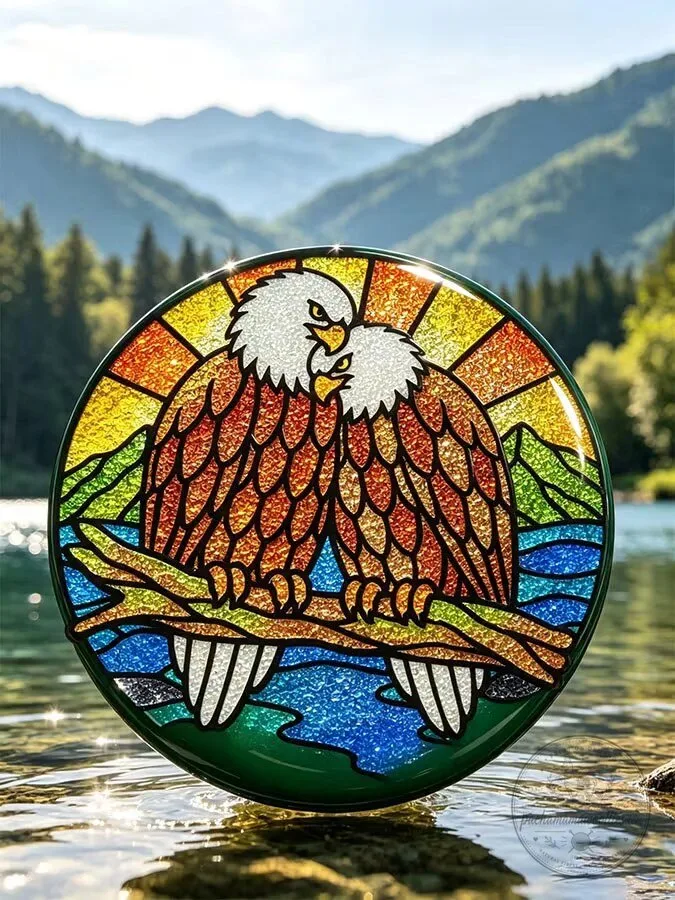 Stained Glass Bald Eagle Couple American Wildlife Nature Pin Button