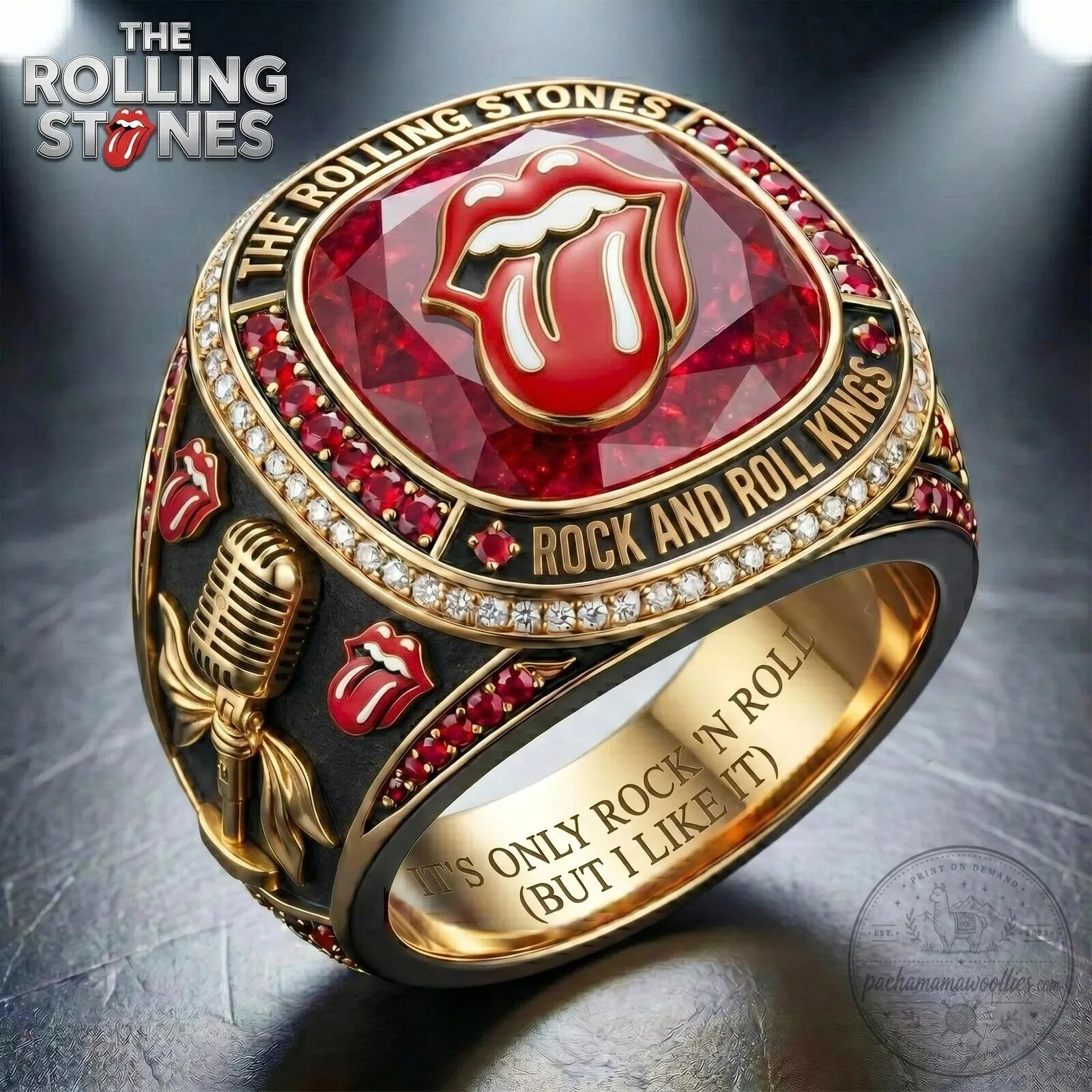 The Rolling Stones Rock and Roll Kings Ruby Red Band Logo Ring