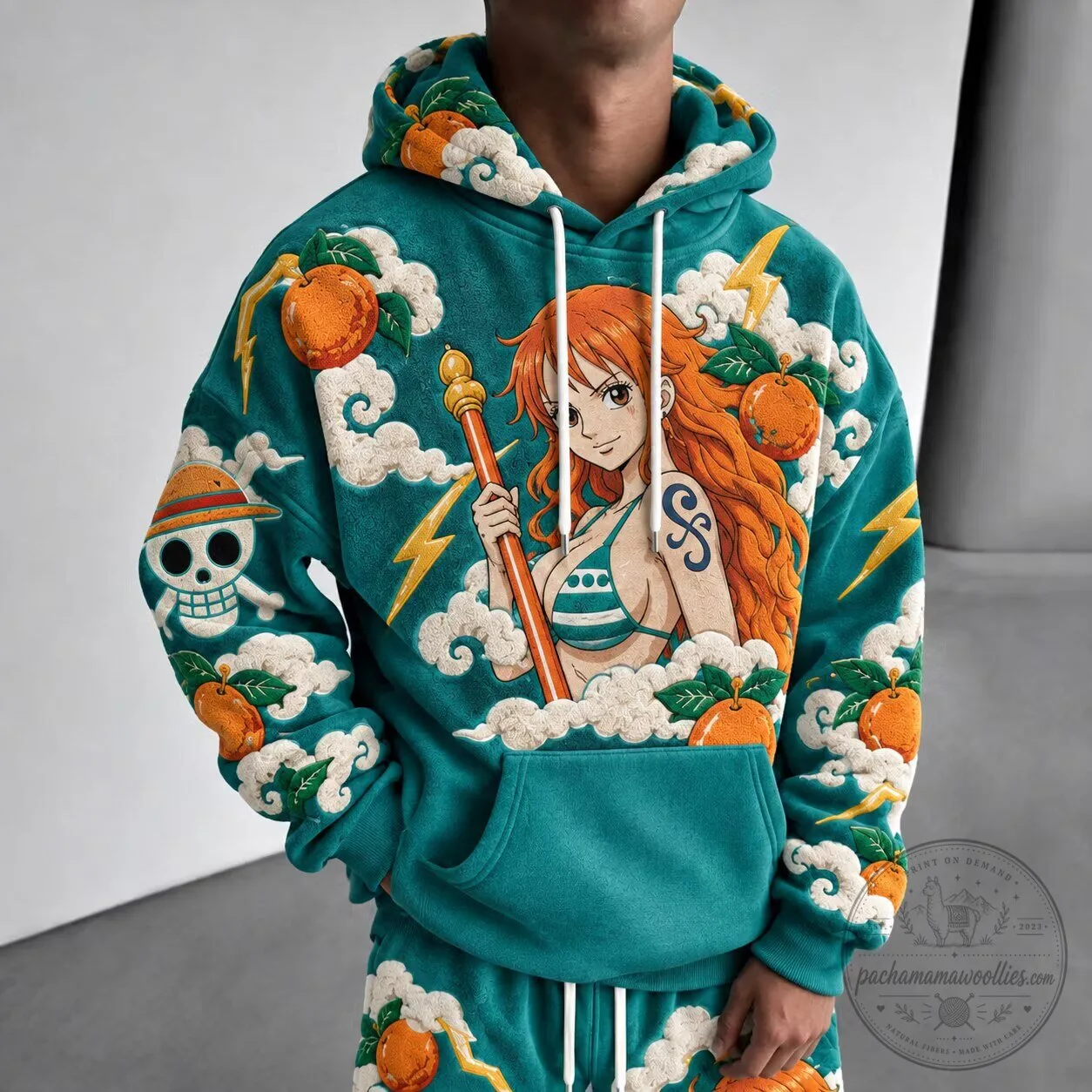 One Piece Nami Anime Character Graphic Print Teal Hoodie