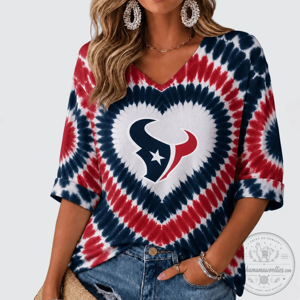Houston Texans Tie Dye Heart V-Neck Long Sleeve Shirt for Women Houston Texans Tie Dye Heart V-Neck Long Sleeve Shirt for Women