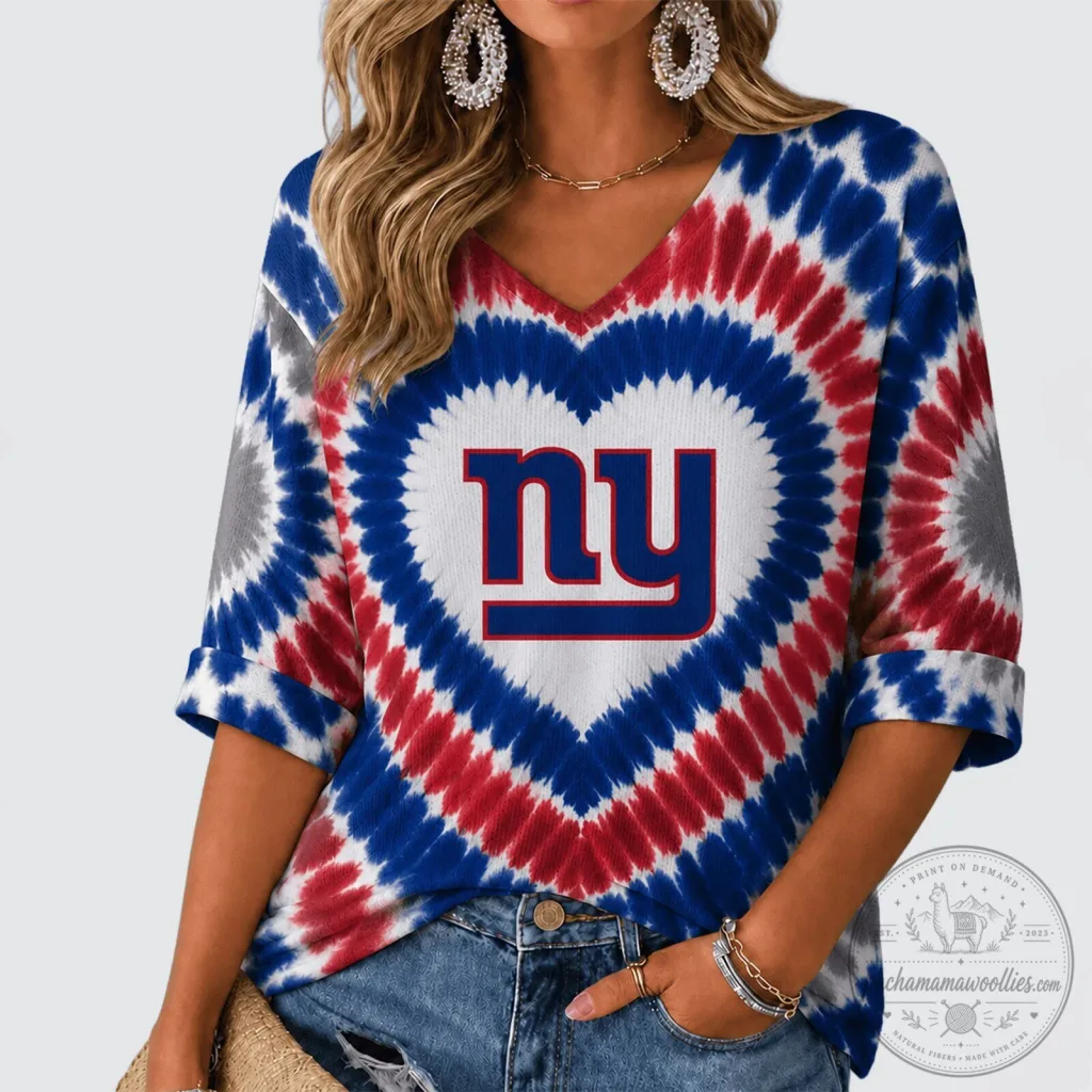 New York Giants NFL Tie Dye Heart Logo V-Neck Long Sleeve Shirt New York Giants NFL Tie Dye Heart Logo V-Neck Long Sleeve Shirt