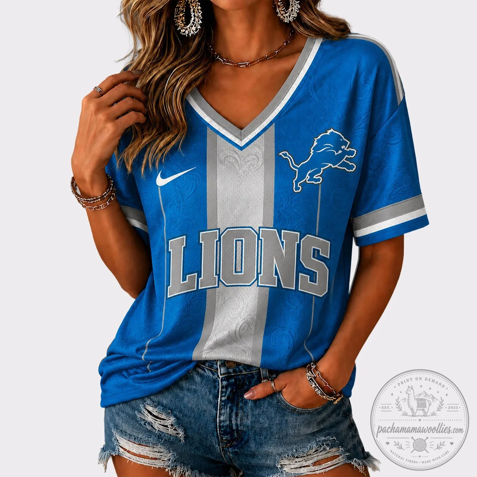 Women's V-Neck Football Jersey in Blue and Silver Stripes for Detroit Lions