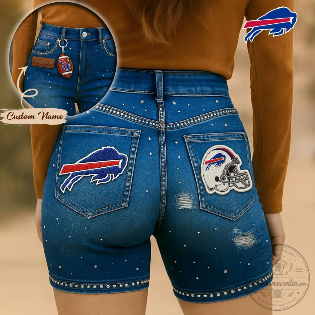 Buffalo Bills NFL Football Team High-Waisted Denim Shorts with Custom Name Buffalo Bills NFL Football Team High-Waisted Denim Shorts with Custom Name