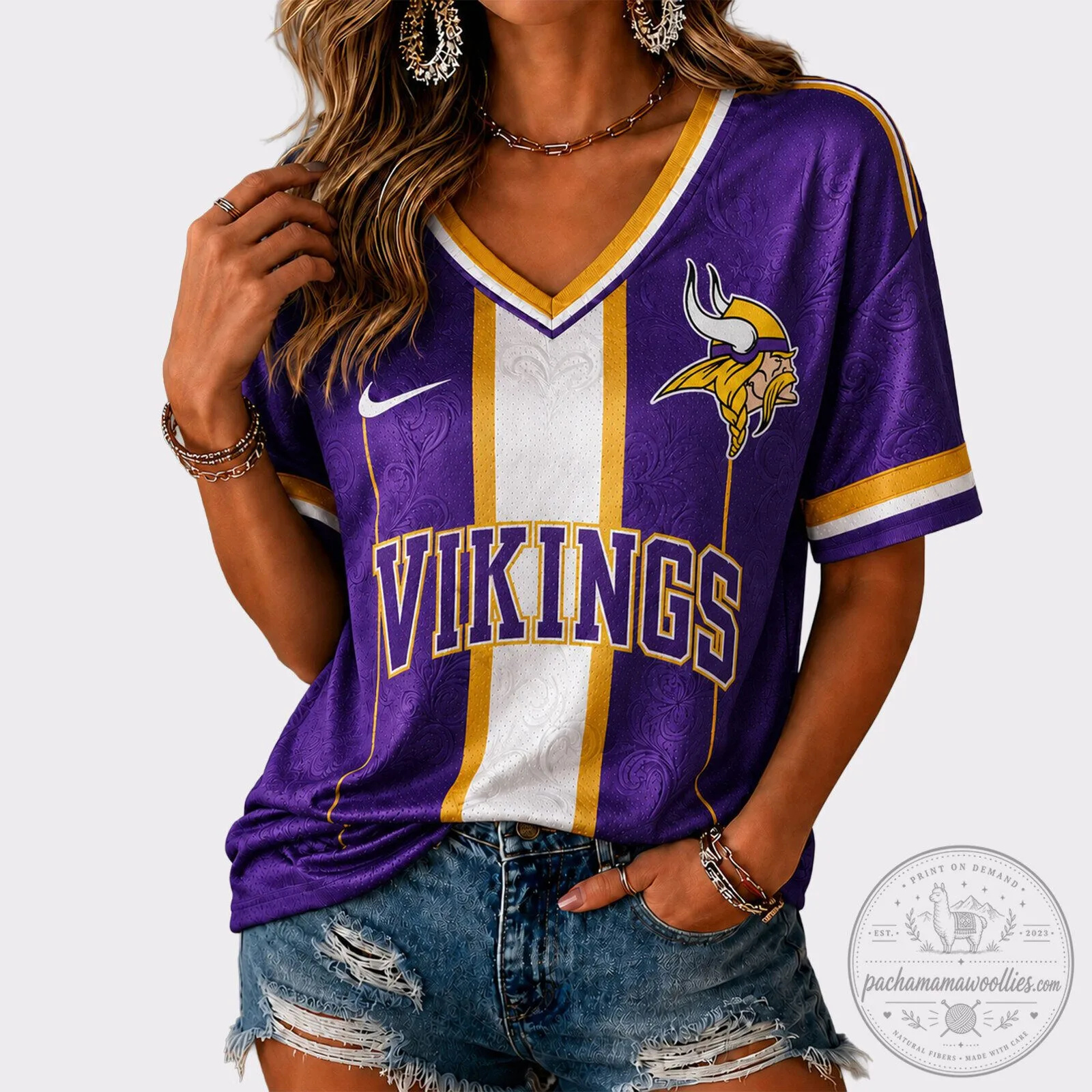 Minnesota Vikings NFL Football Team Purple and Gold V-Neck Fan Jersey