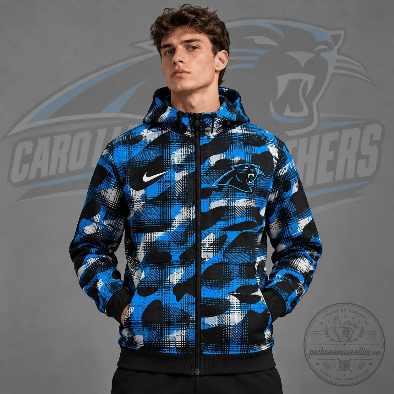 Carolina Panthers Blue Plaid Camouflage Full Zip Hoodie