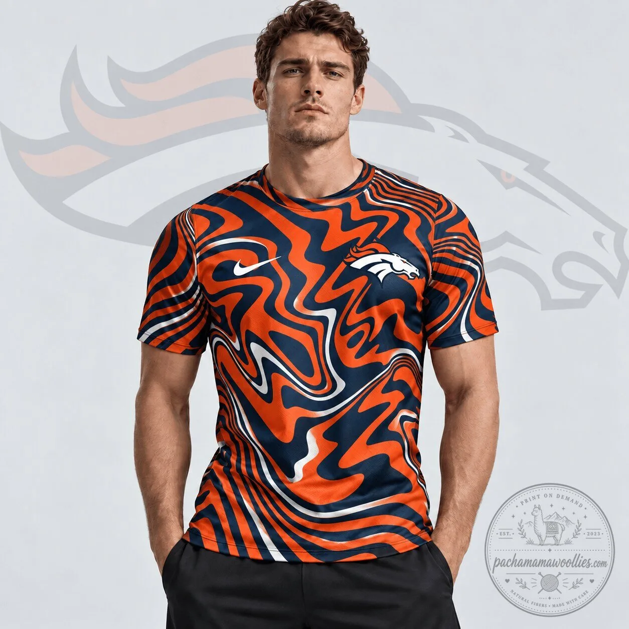 Denver Broncos NFL Team Crest Abstract Wave All Over Print T-Shirt