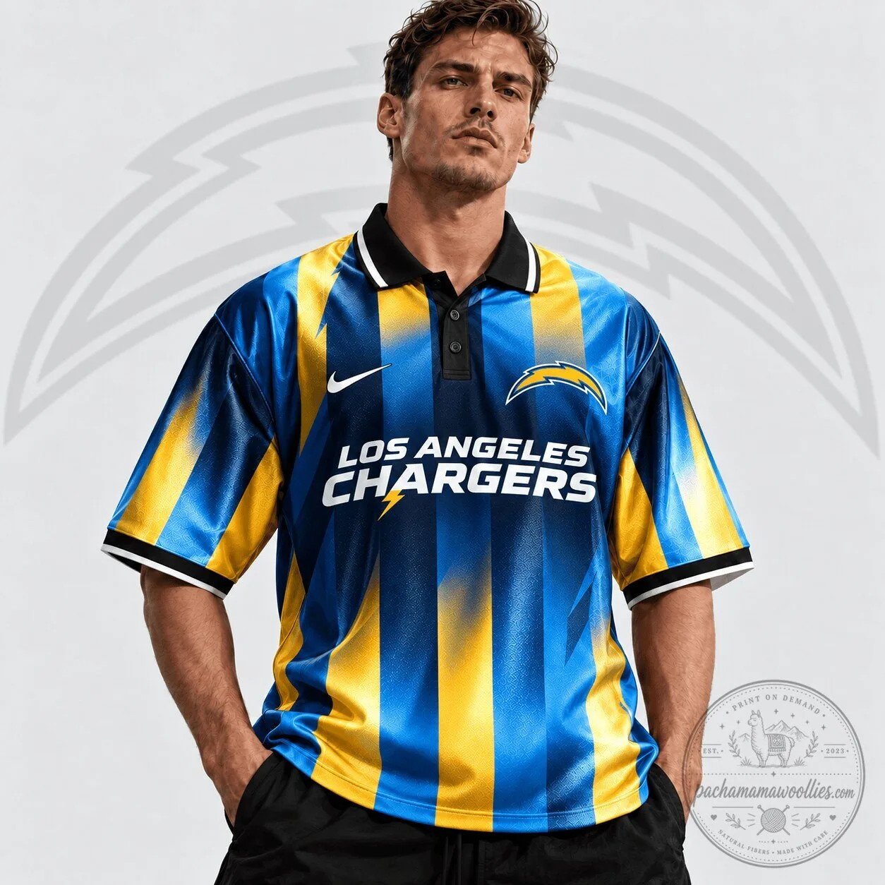 Los Angeles Chargers NFL Team Crest Vertical Stripe Retro Polo Shirt