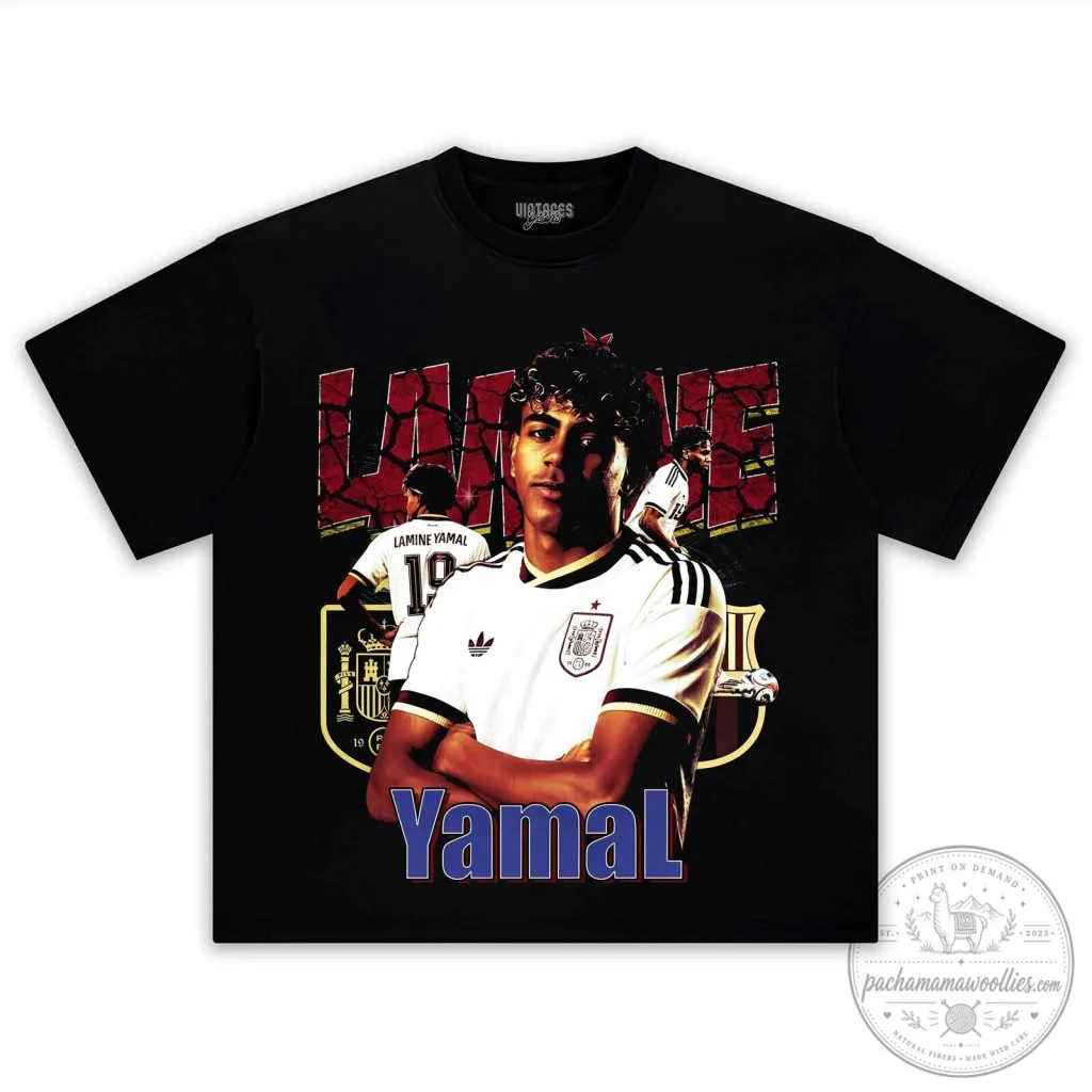Graphic T-Shirt Featuring Vintage Style Football Player Lamine Yamal Graphic T-Shirt Featuring Vintage Style Football Player Lamine Yamal