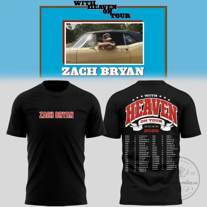 Heaven On Tour 2026 T-Shirt Featuring Zach Bryan Concert Schedule