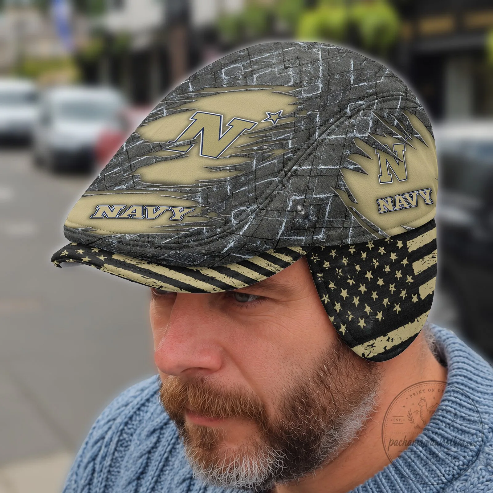 Navy Midshipmen Distressed American Flag Flat Cap with Foldable Ear Flaps