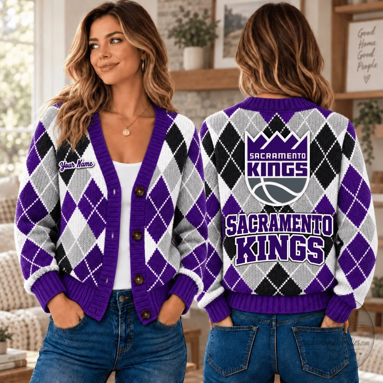 Sacramento Kings NBA Argyle Pattern Custom Name Cardigan Jacket