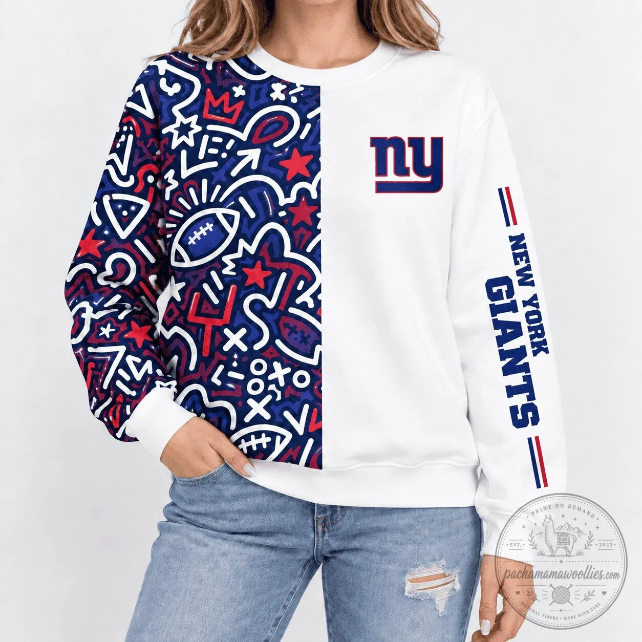 New York Giants NFL Football Doodle Art White and Blue Crewneck Sweatshirt