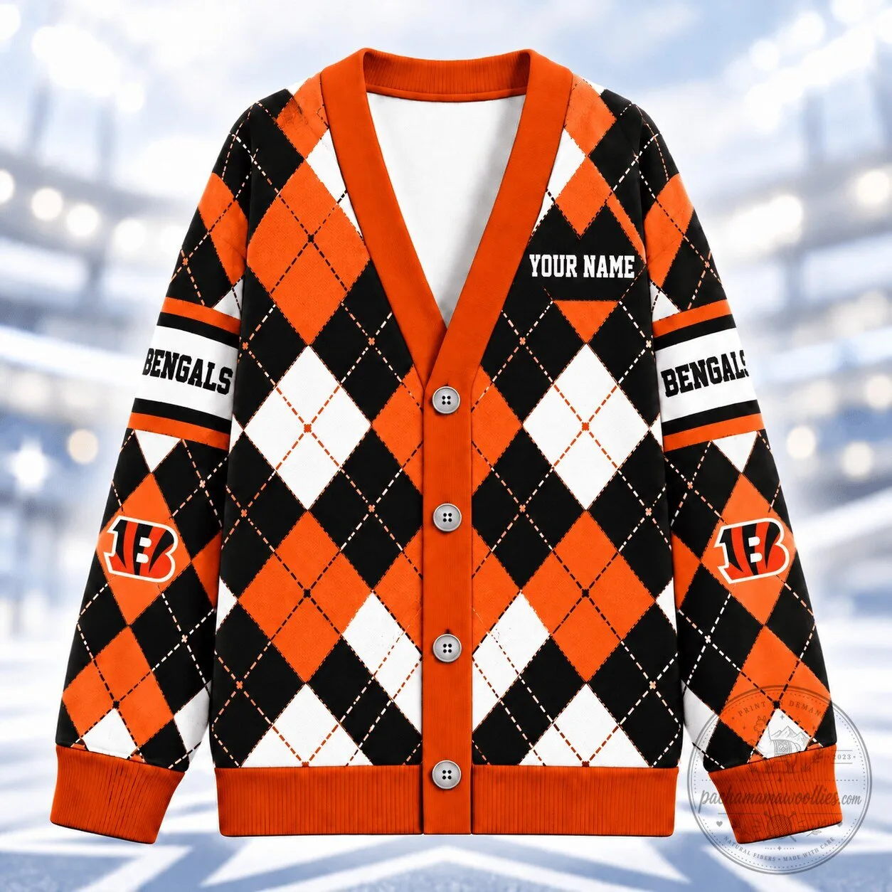 Cincinnati Bengals Argyle Pattern Custom Name Knitted Cardigan Sweater 1 Cincinnati Bengals Argyle Pattern Custom Name Knitted Cardigan Sweater
