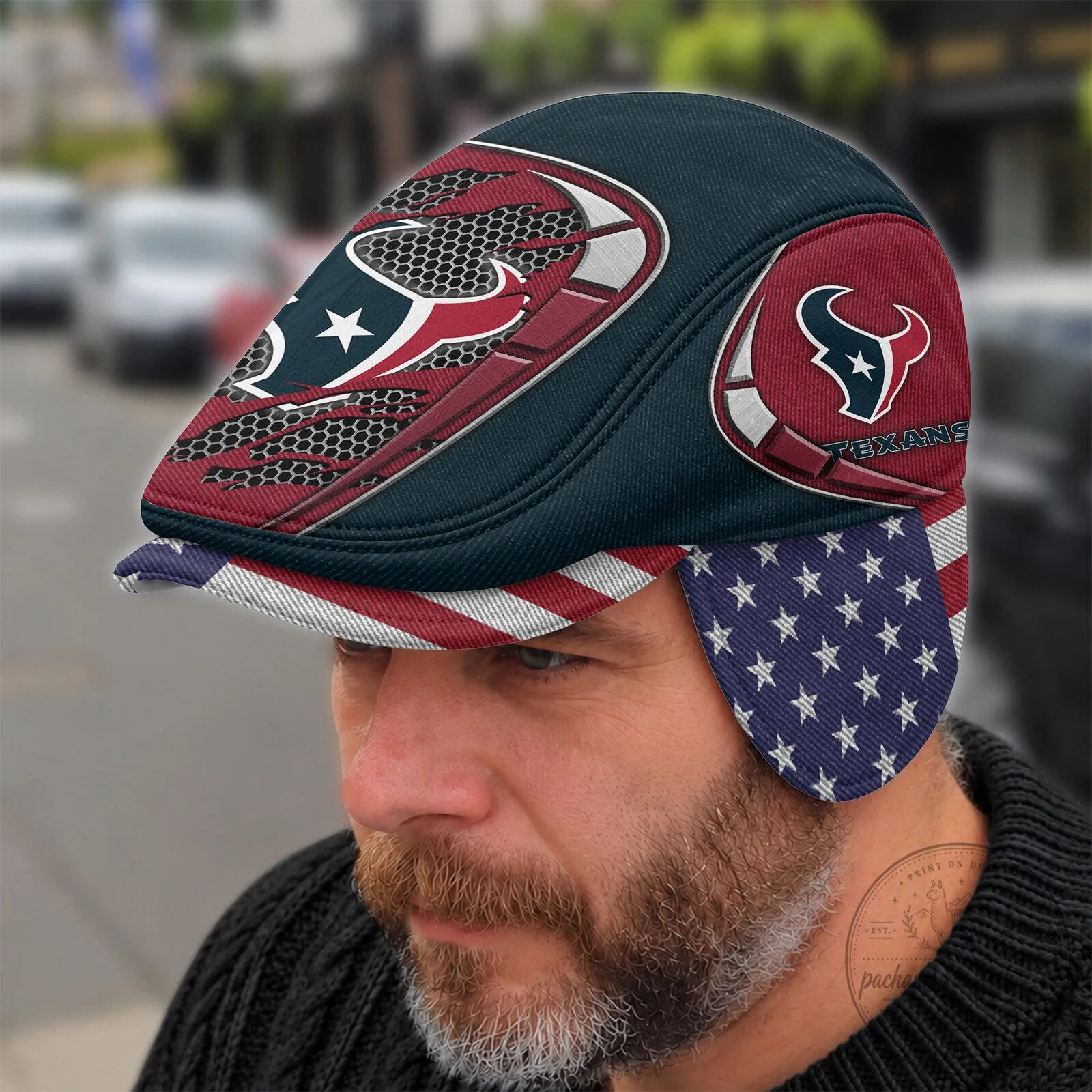 Houston Texans American Flag Ear Flap Flat Cap Hat