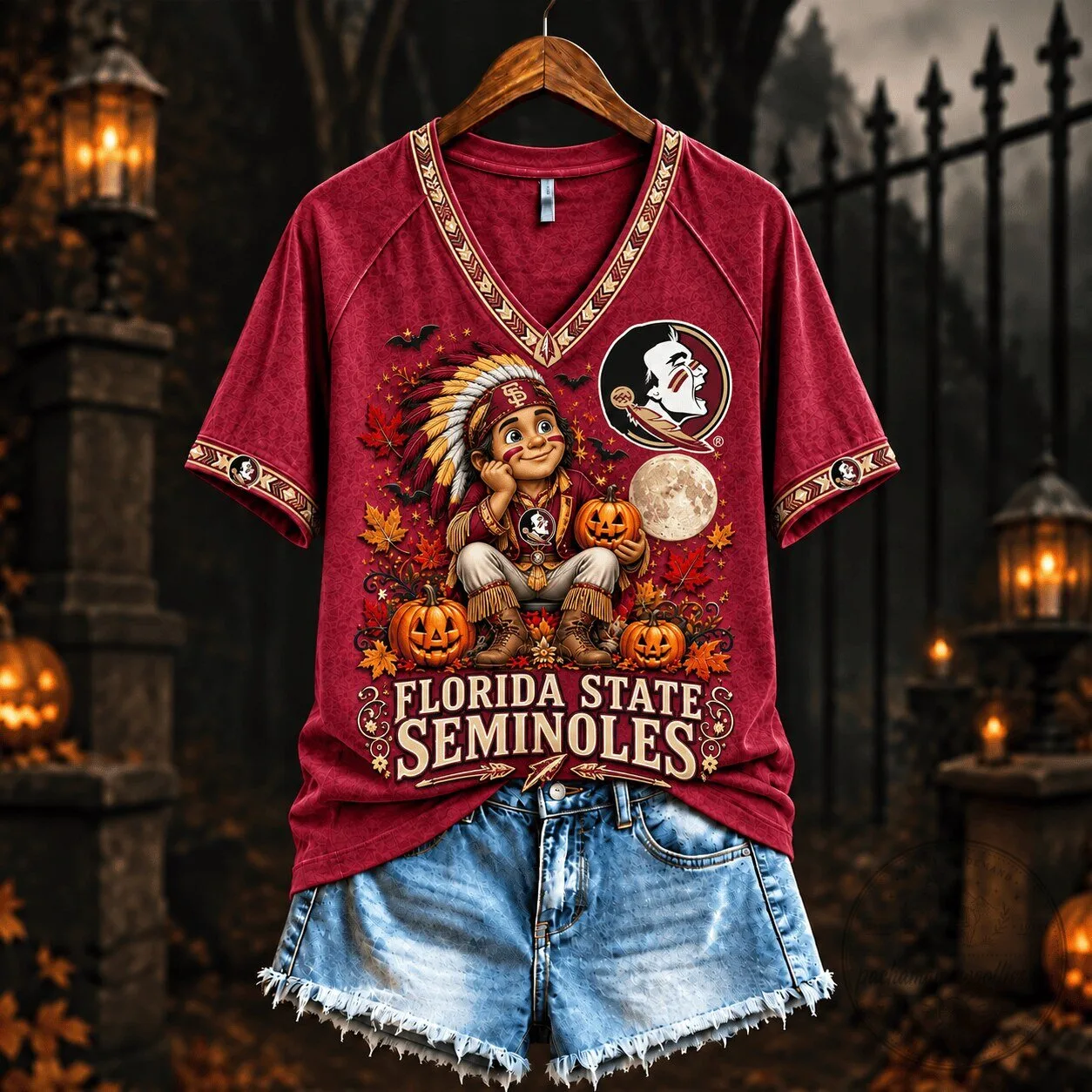 Florida State Seminoles Spooky Season Mascot V-Neck T-Shirt