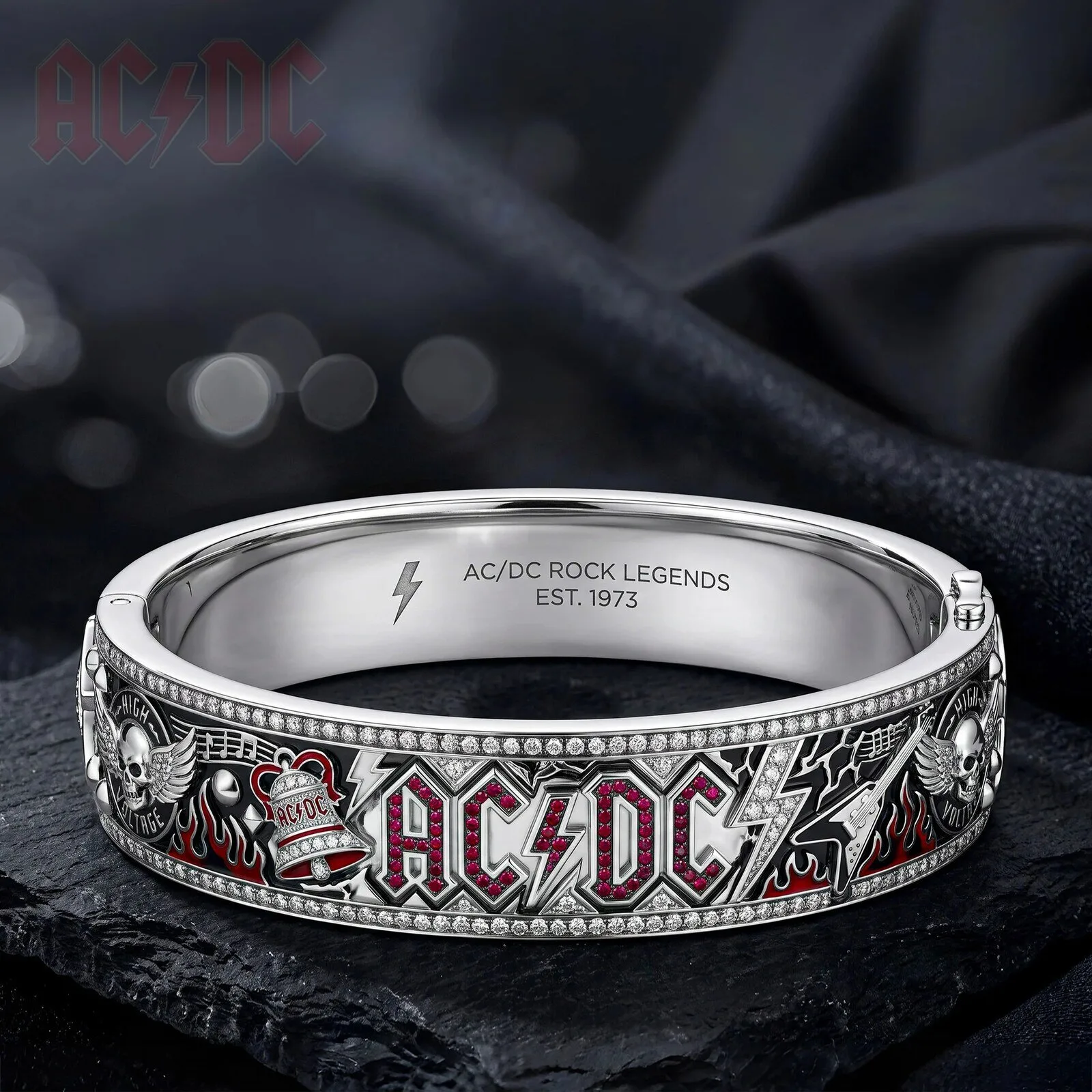 AC/DC Rock Legends Silver Bracelet with Diamonds and Red Gemstones
