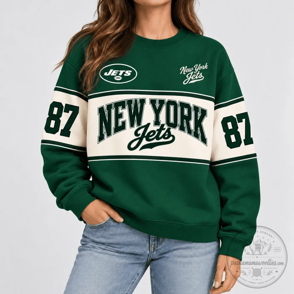 New York Jets Football Team Green and White Retro Varsity Sweatshirt New York Jets Football Team Green and White Retro Varsity Sweatshirt