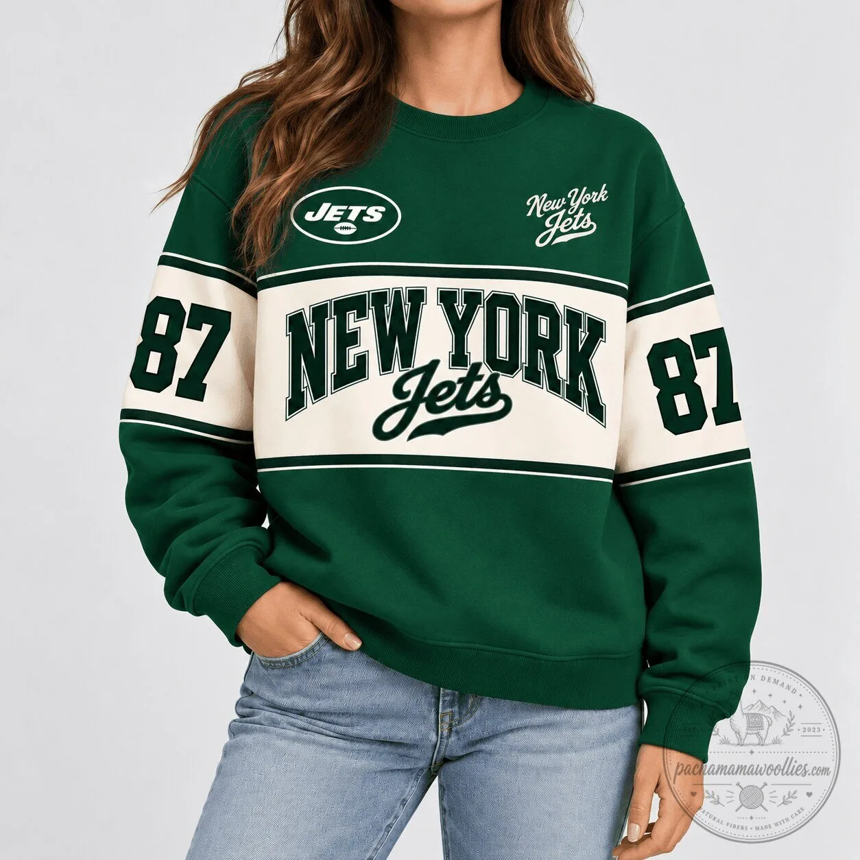 New York Jets Football Team Green and White Retro Varsity Sweatshirt