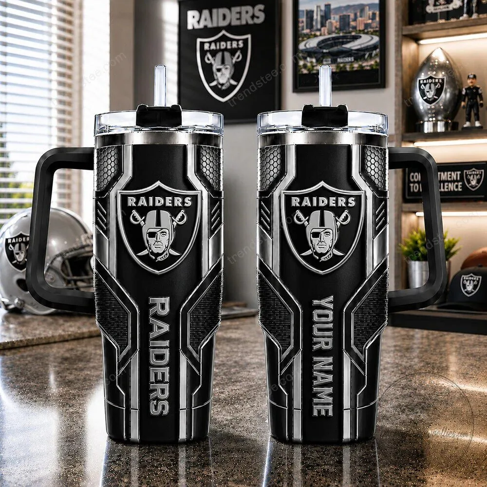 Oakland Raiders Football Team Black Insulated Stainless Steel Tumbler with Handle