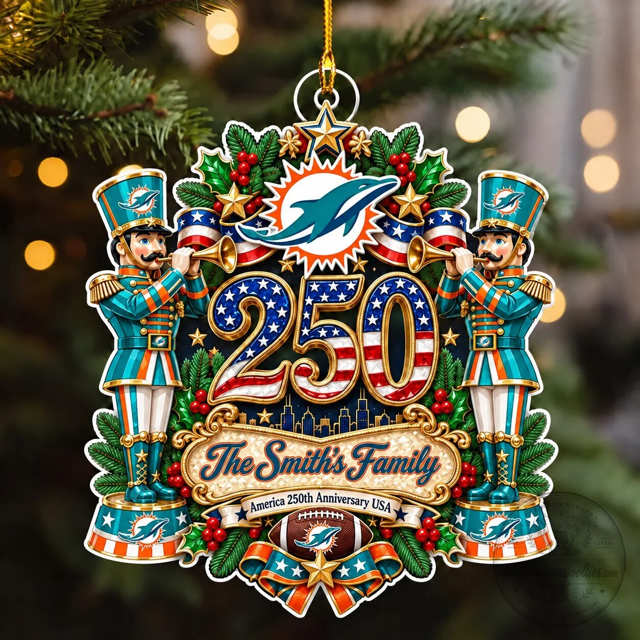 Miami Dolphins NFL Football Team Christmas Tree Ornament with Custom Name