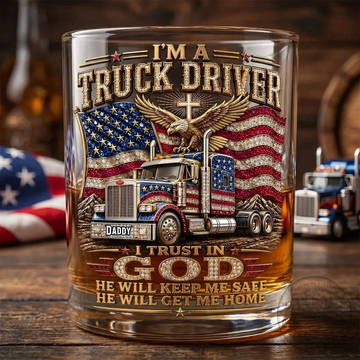 American Flag Truck Driver I Trust in God He Will Keep Me Safe Drinking Glass