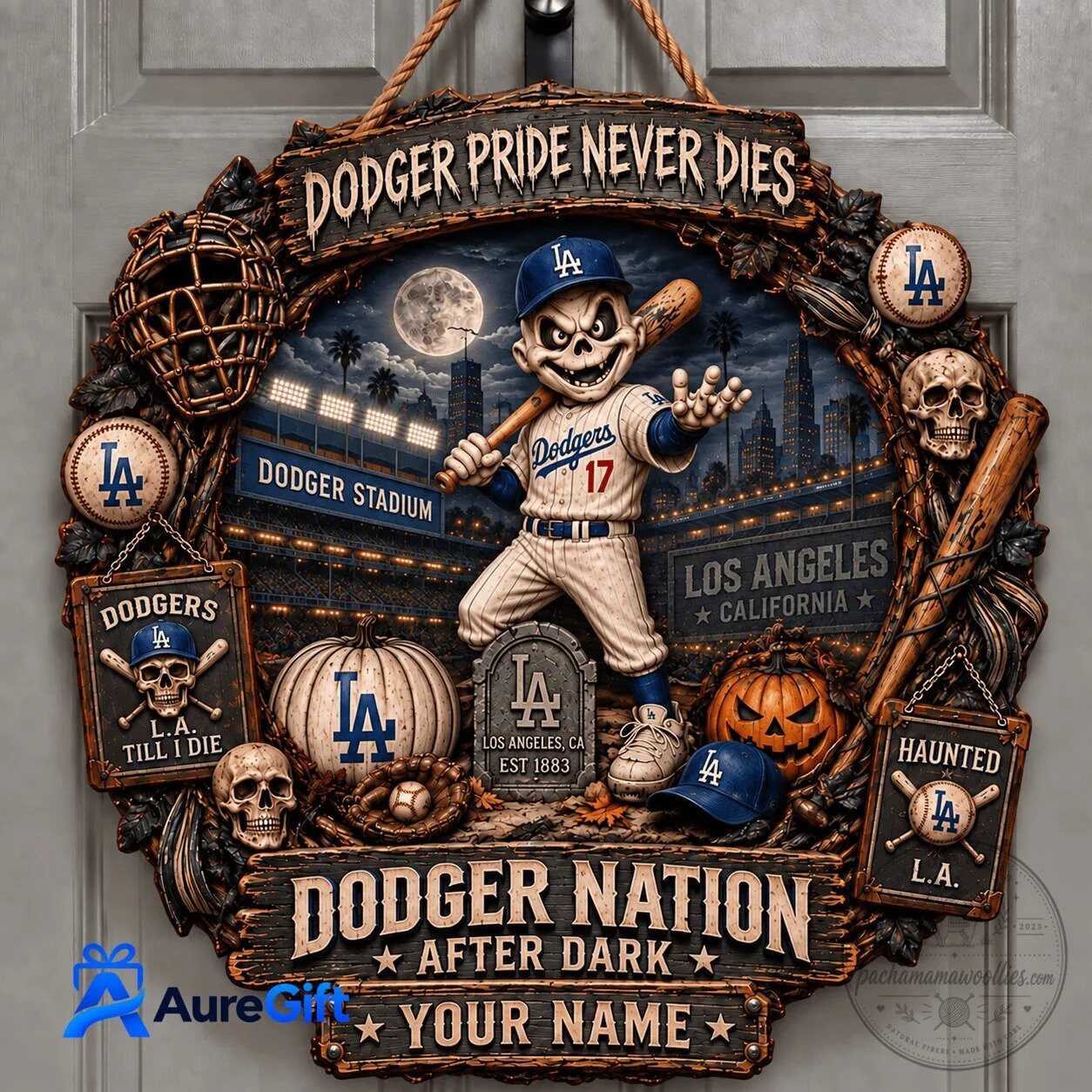 Los Angeles Dodgers Halloween Haunted Baseball Stadium Wooden Door Sign