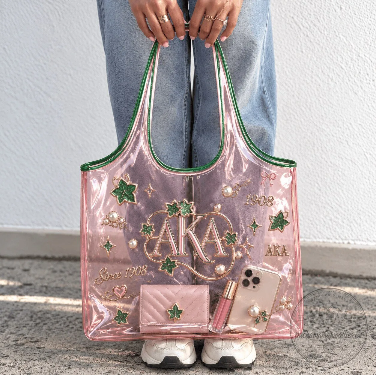 Alpha Kappa Alpha Sorority Pink Transparent Tote Bag with Green Trim