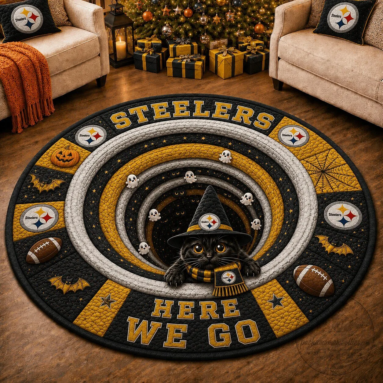 Pittsburgh Steelers Halloween Black Cat Here We Go Round Rug