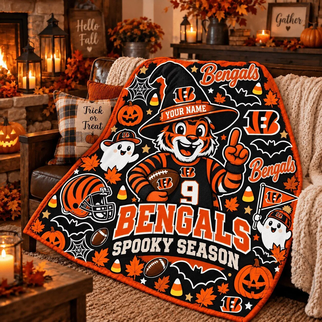 Cincinnati Bengals Halloween Spooky Season Custom Name Fleece Blanket