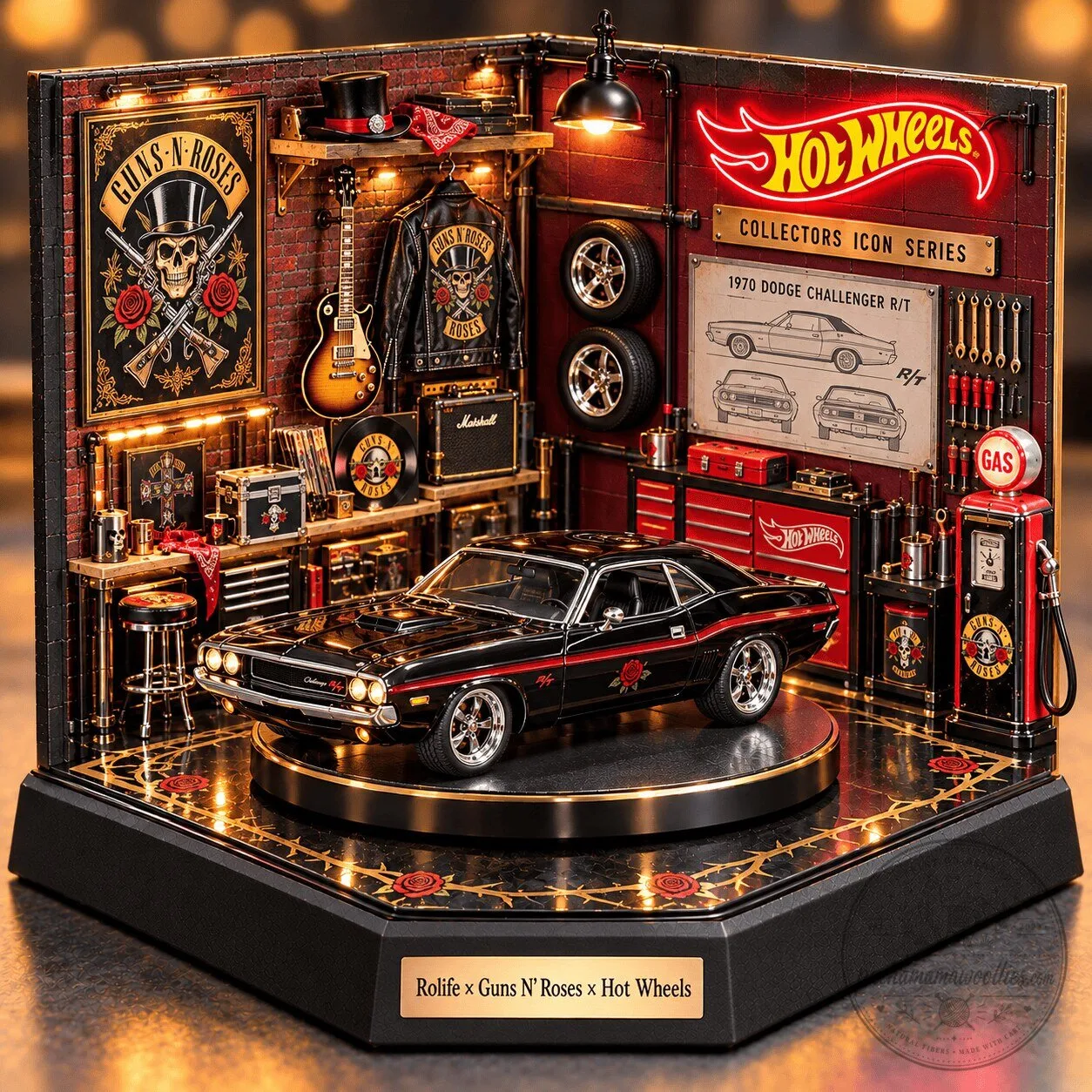 Guns N' Roses Hot Wheels 1970 Dodge Challenger R/T Collectible Diorama