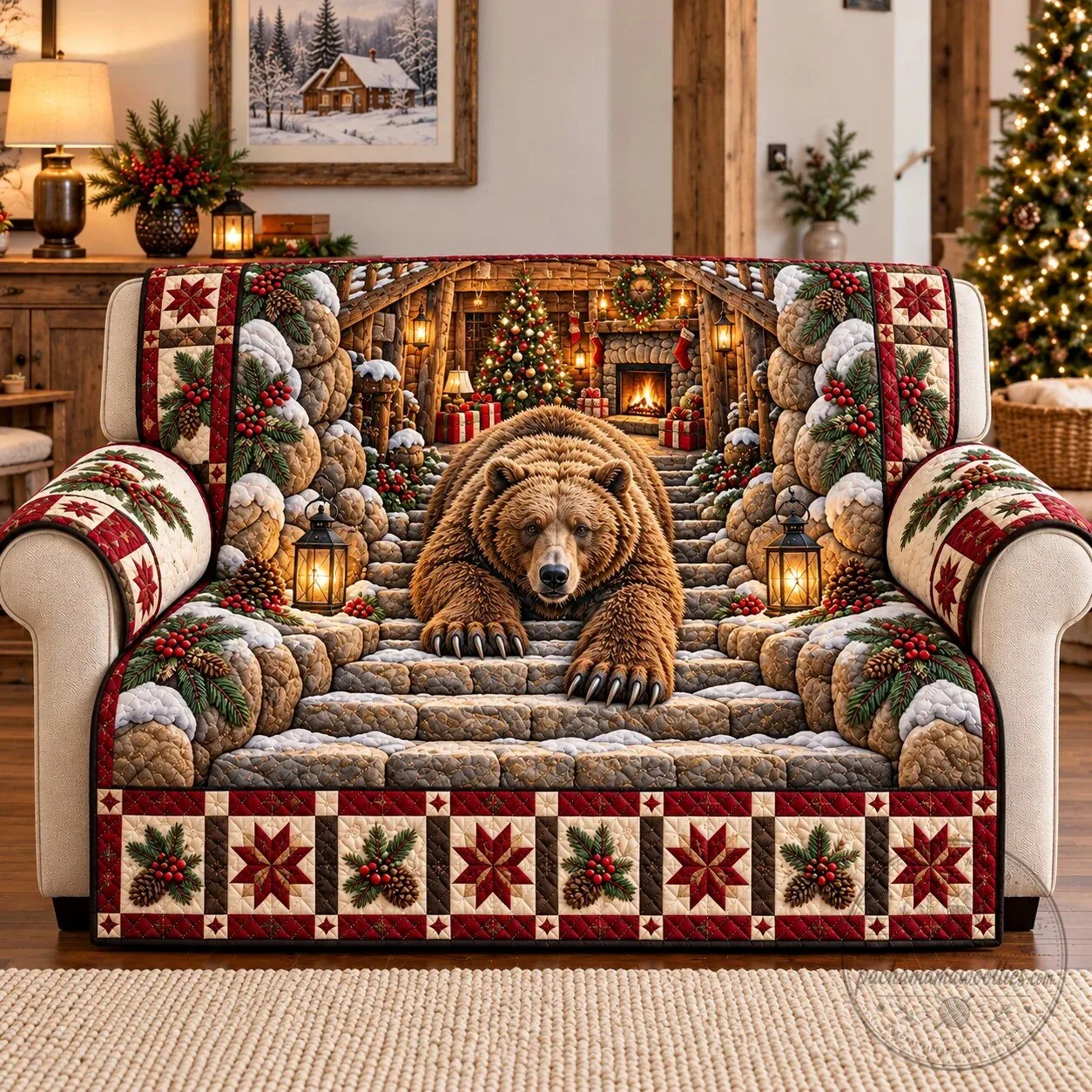 Holiday Rustic Guardian Bear Quilted Sofa Cover
