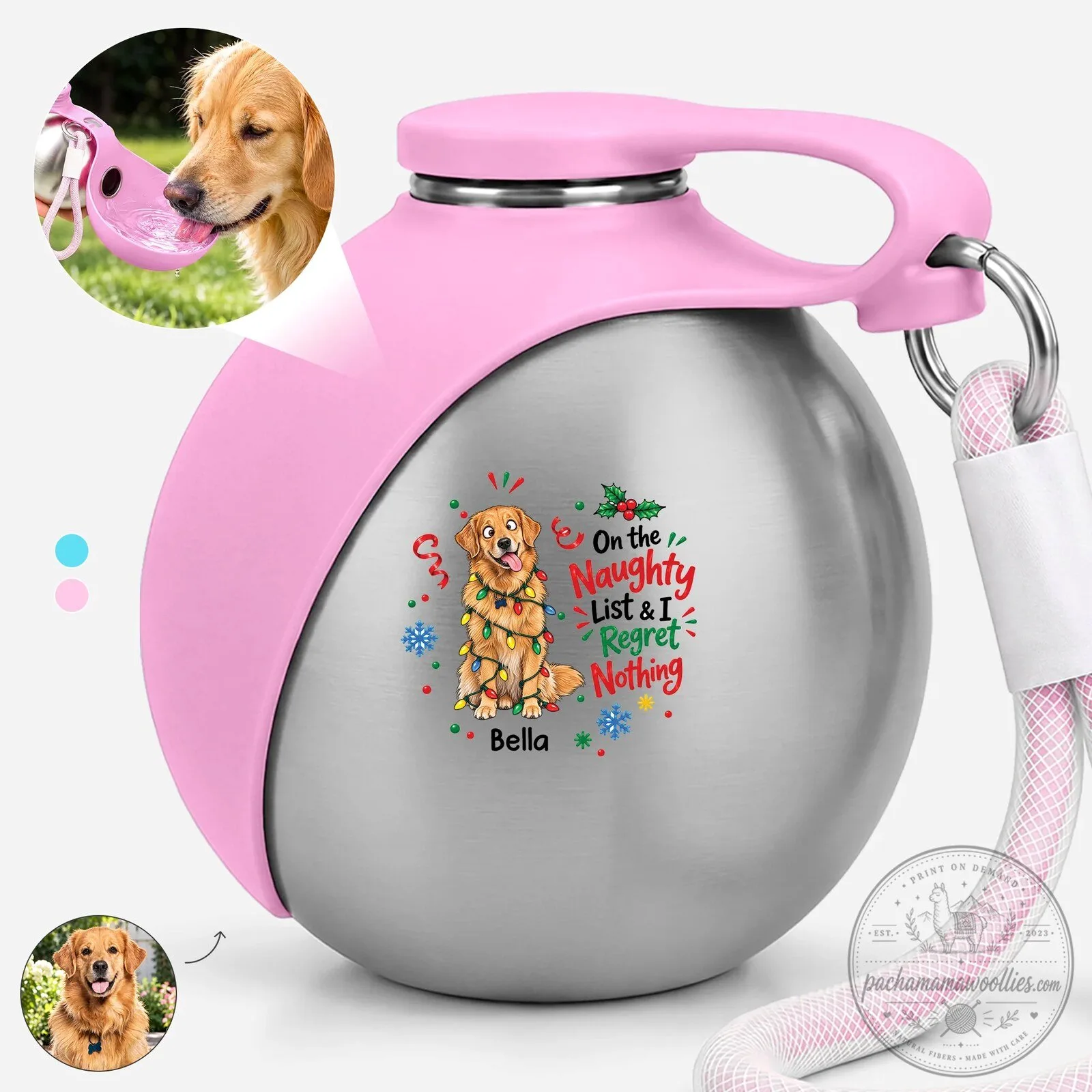 Personalized Golden Retriever Christmas Naughty List Pet Water Bottle