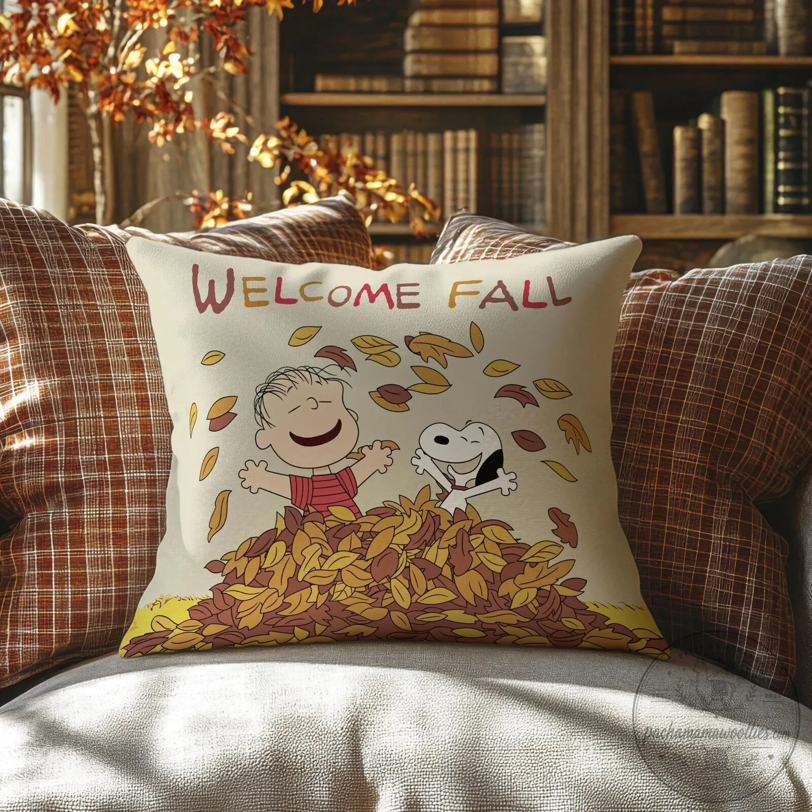 Welcome Fall Peanuts Snoopy and Charlie Brown Autumn Leaves Pillow
