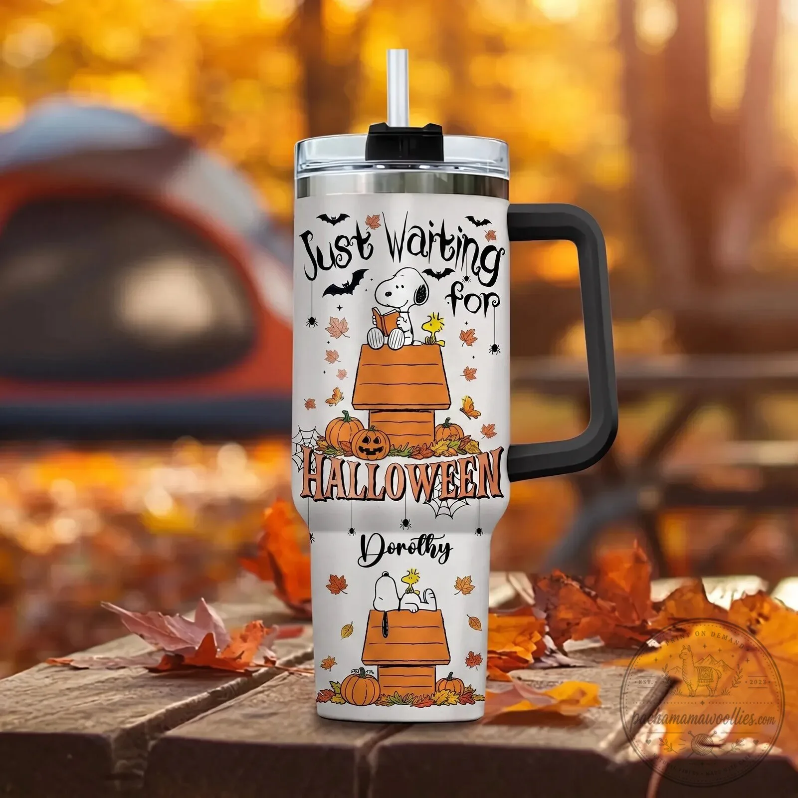 Snoopy Just Waiting for Halloween Personalized Insulated Tumbler with Handle 2 Snoopy Just Waiting for Halloween Personalized Insulated Tumbler with Handle