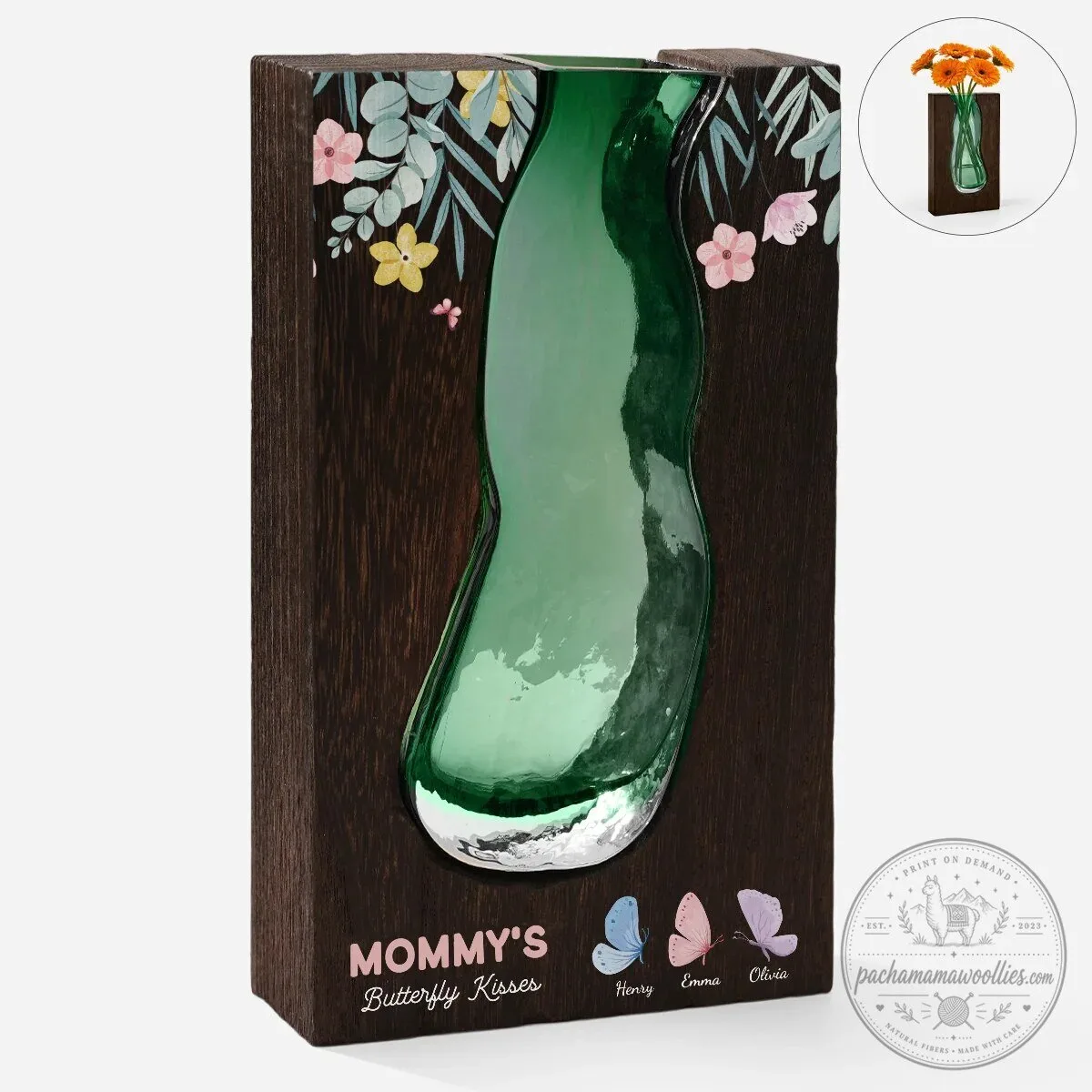 Personalized Mommy's Butterfly Kisses Glass Vase in Wood with Custom Names