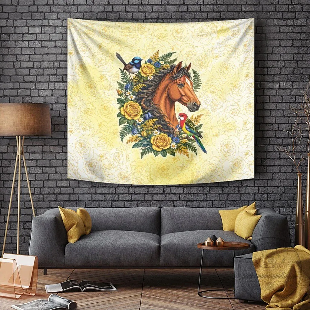 Melbourne Horse Yellow Rose Wreath Tapestry with Australian Blue Wren and Rosella Parrot