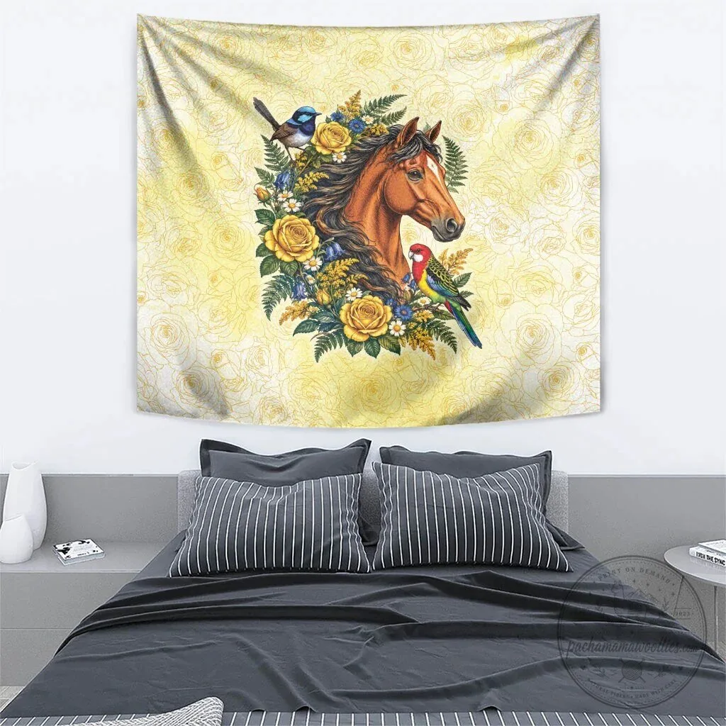 Melbourne Horse Yellow Rose Wreath Tapestry with Australian Blue Wren and Rosella Parrot 7 Melbourne Horse Yellow Rose Wreath Tapestry with Australian Blue Wren and Rosella Parrot