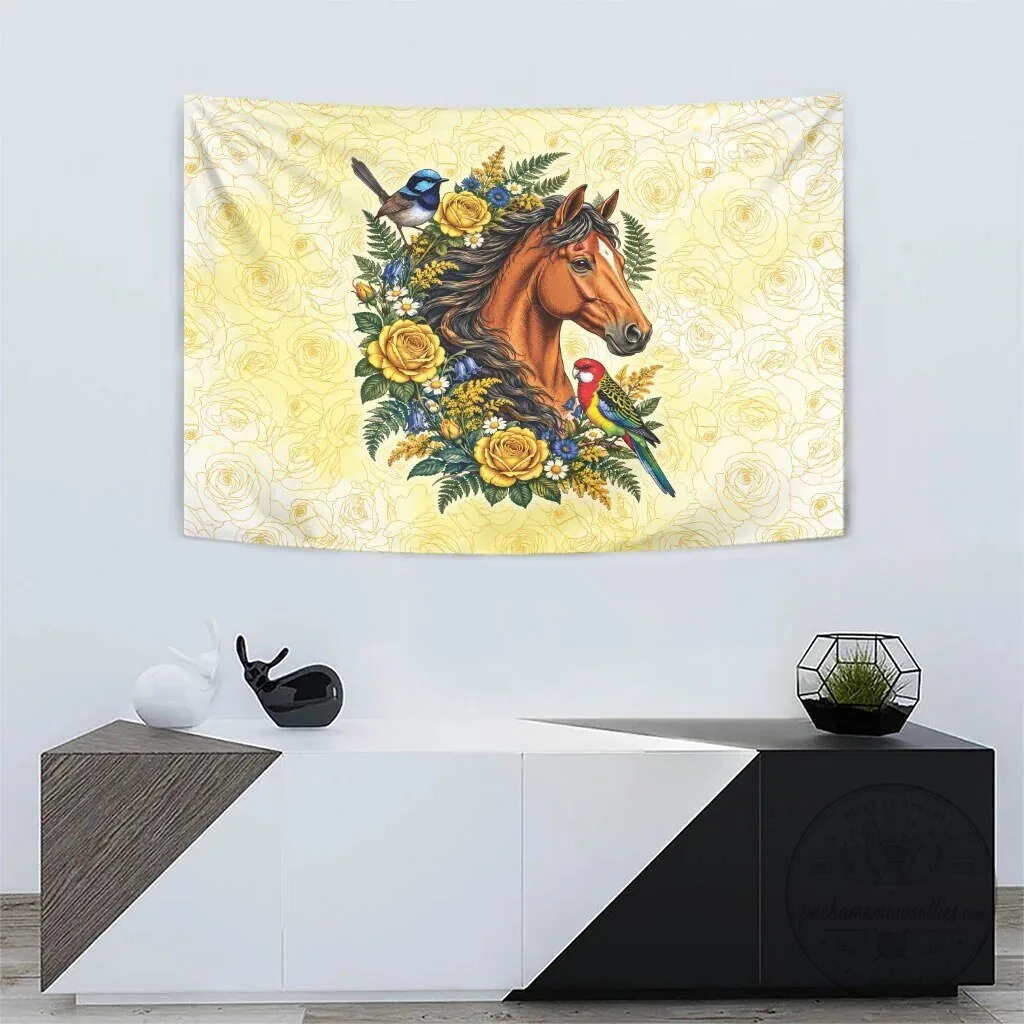 Melbourne Horse Yellow Rose Wreath Tapestry with Australian Blue Wren and Rosella Parrot 8 Melbourne Horse Yellow Rose Wreath Tapestry with Australian Blue Wren and Rosella Parrot