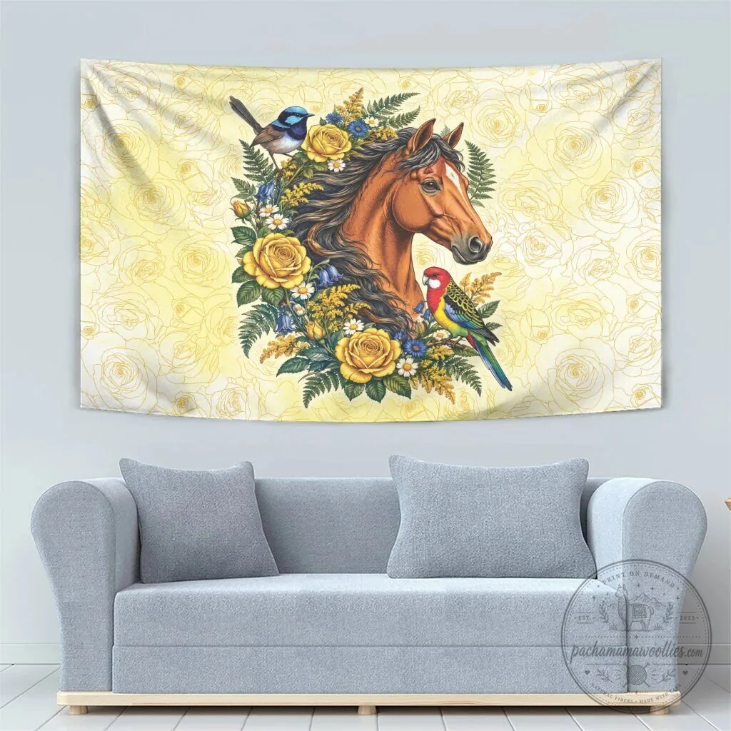 Melbourne Horse Yellow Rose Wreath Tapestry with Australian Blue Wren and Rosella Parrot 9 Melbourne Horse Yellow Rose Wreath Tapestry with Australian Blue Wren and Rosella Parrot