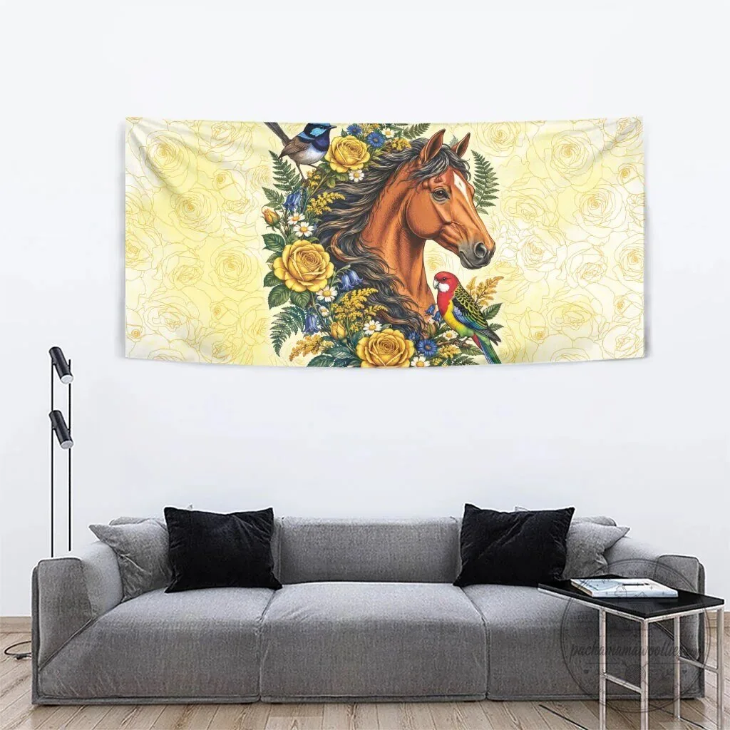 Melbourne Horse Yellow Rose Wreath Tapestry with Australian Blue Wren and Rosella Parrot 10 Melbourne Horse Yellow Rose Wreath Tapestry with Australian Blue Wren and Rosella Parrot