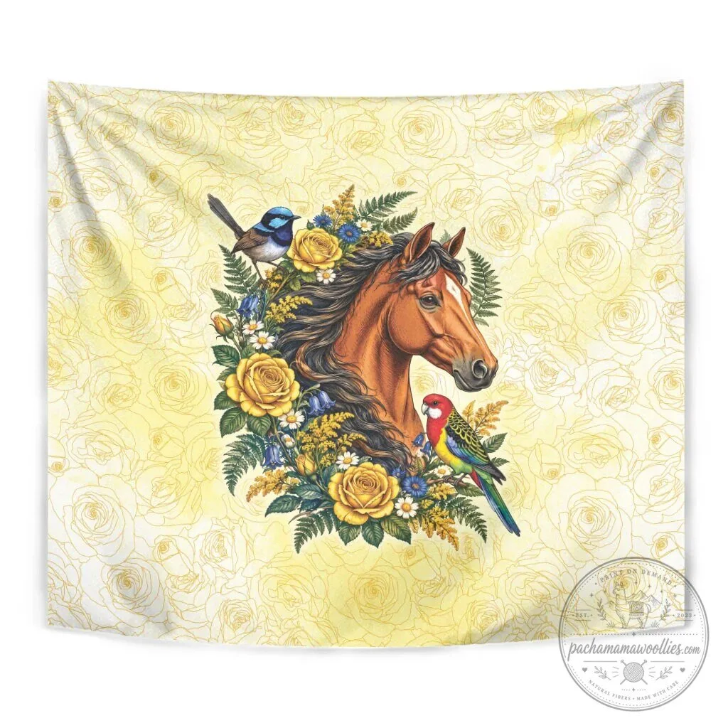 Melbourne Horse Yellow Rose Wreath Tapestry with Australian Blue Wren and Rosella Parrot 11 Melbourne Horse Yellow Rose Wreath Tapestry with Australian Blue Wren and Rosella Parrot