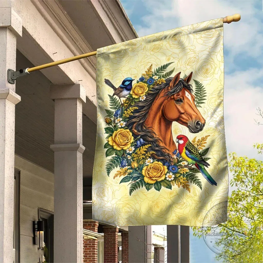 Horse and Yellow Rose Wreath Garden Flag with Australian Blue Wren and Rosella Parrot