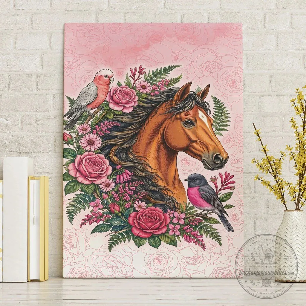 Beautiful Horse and Birds Pink Rose Wreath Floral Wall Art Canvas