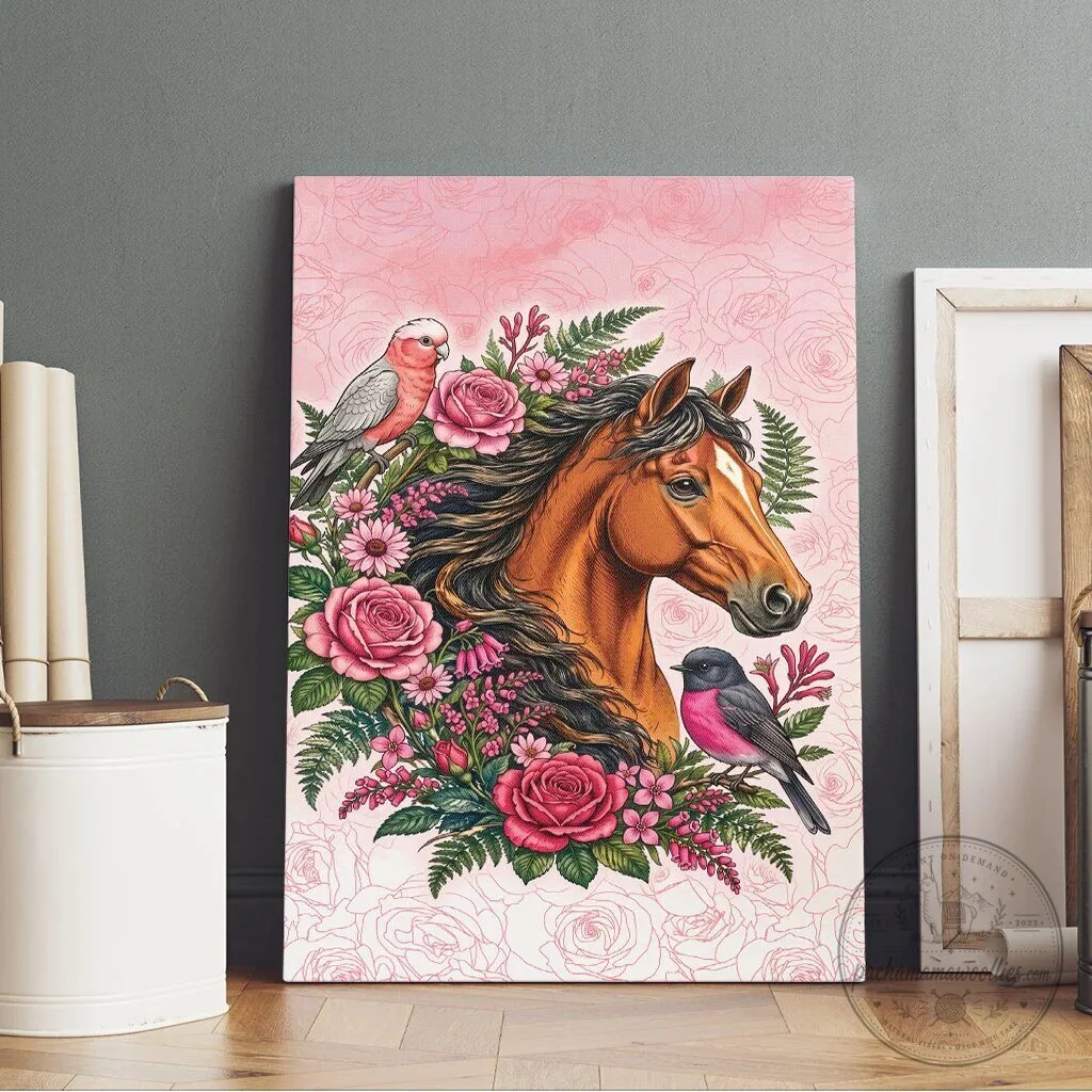 Beautiful Horse and Birds Pink Rose Wreath Floral Wall Art Canvas 11 Beautiful Horse and Birds Pink Rose Wreath Floral Wall Art Canvas