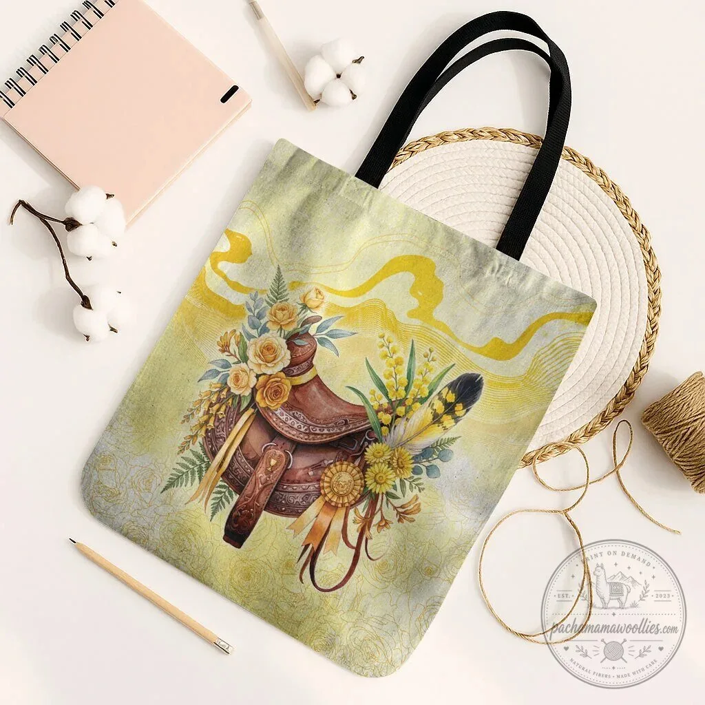 Yellow Rose and Wattle Flowers Horse Saddle Floral Tote Bag