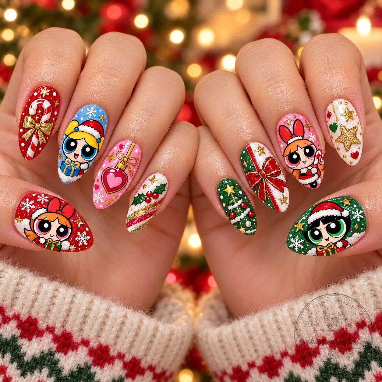 Christmas-Themed Press On Nails Set featuring Powerpuff Girls Cartoon