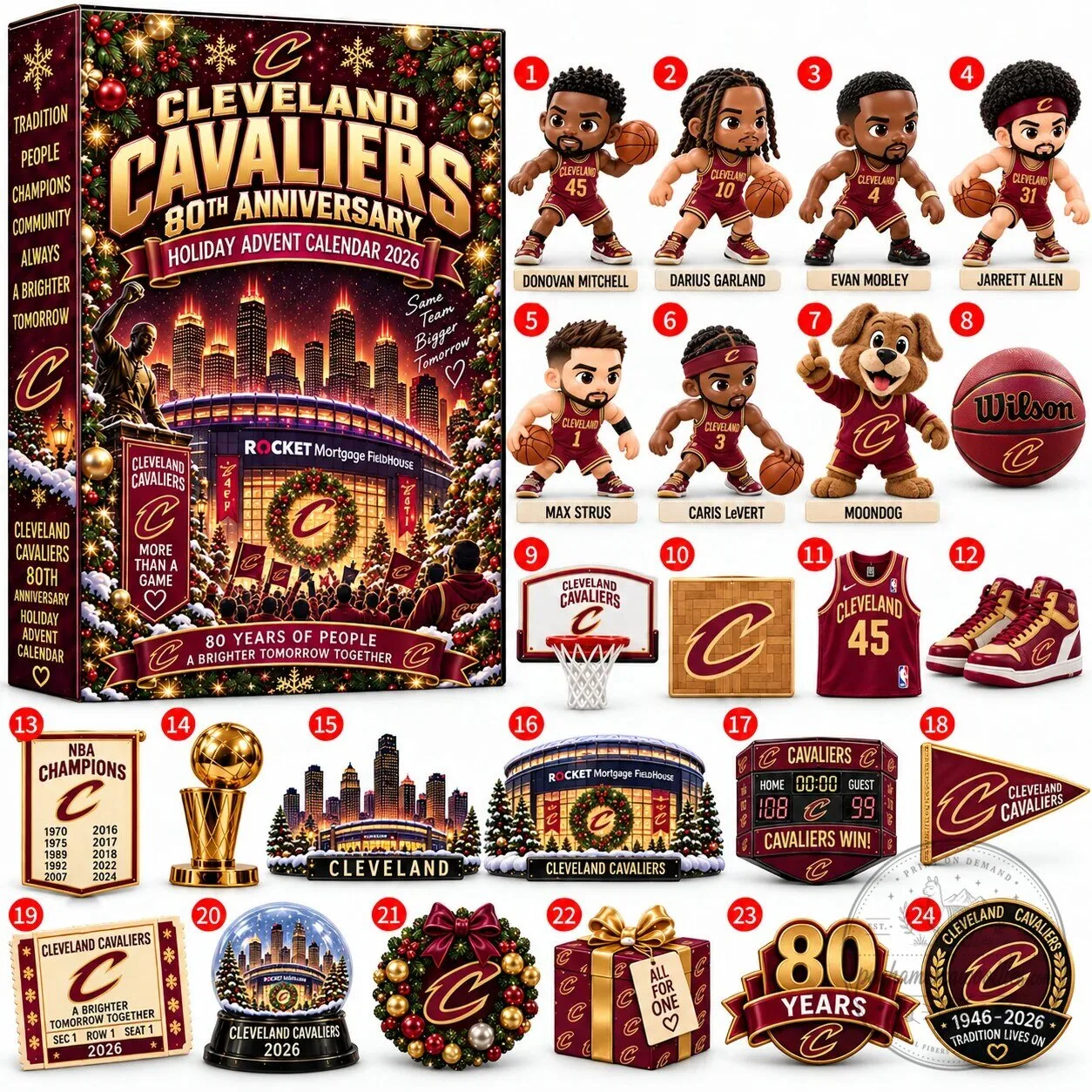 Cleveland Cavaliers 80th Anniversary Holiday Advent Calendar 2026 with 24 Gifts
