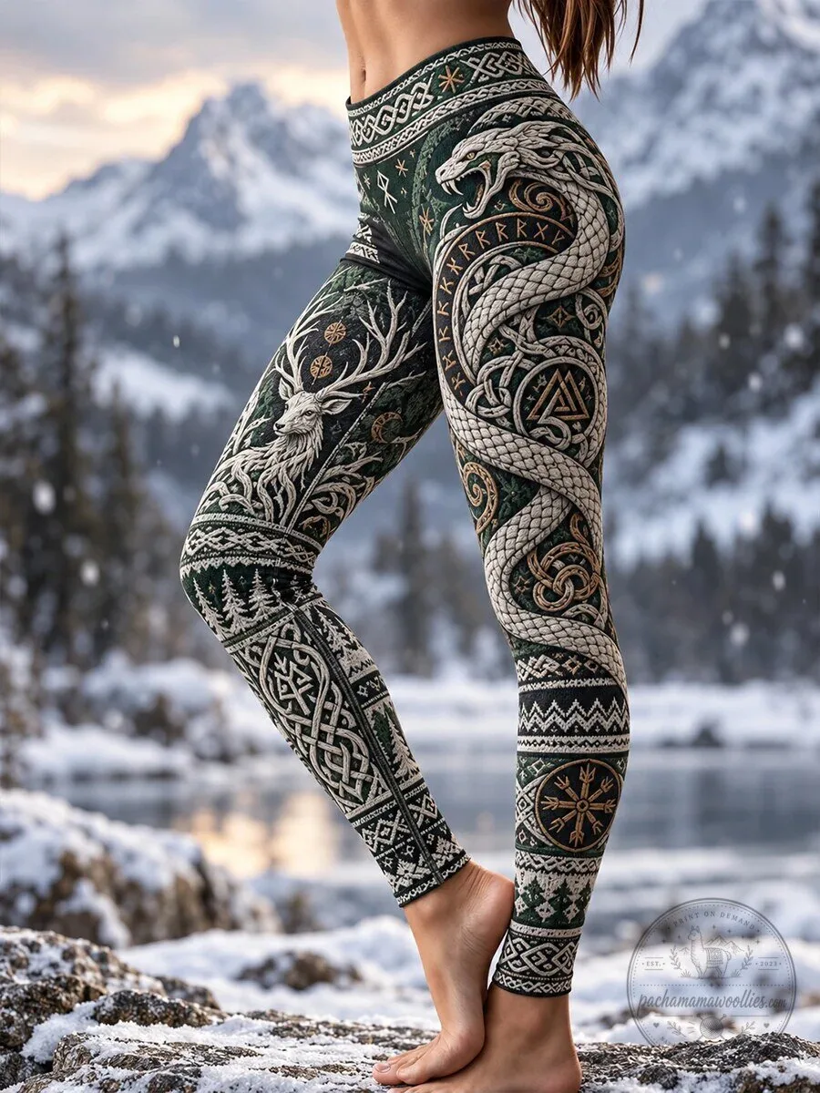 Viking Mythology Yggdrasil Serpent Deer Nordic Pattern Women's Leggings